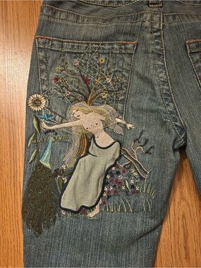 NWOT Y2K Vintage Deuce Bootcut Jeans Sz 9 Rare Medium Wash Embroidered Peacock